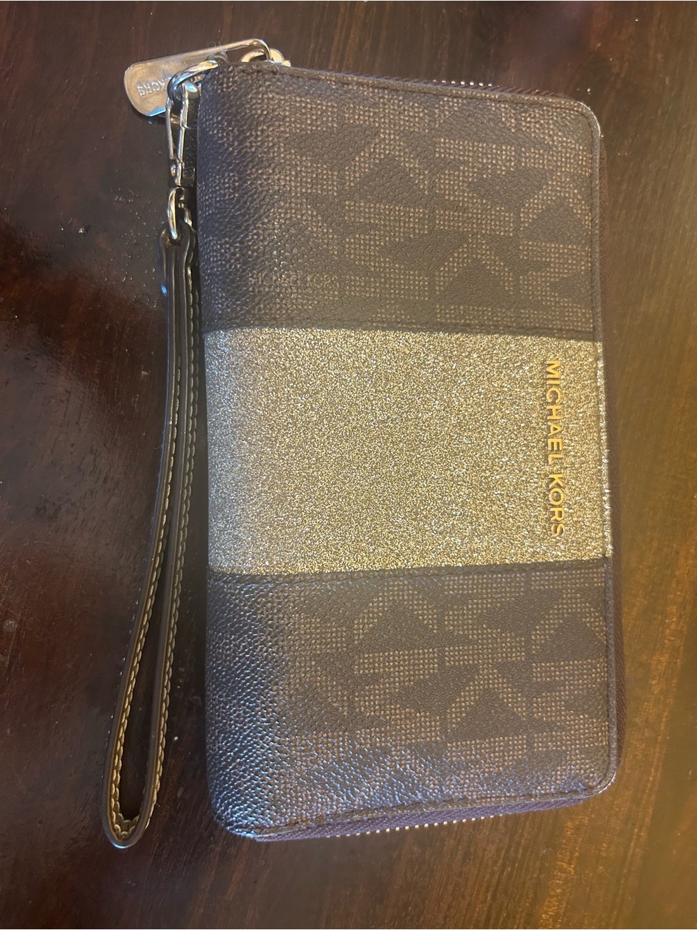 Michael Kors Black and Gold Glitter Wristlet Clutch